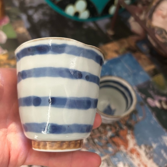 Vintage Japanese Yunomi Tea Cups Pair Stoneware Striped 3" Handmade Pottery - Picture 11 of 16